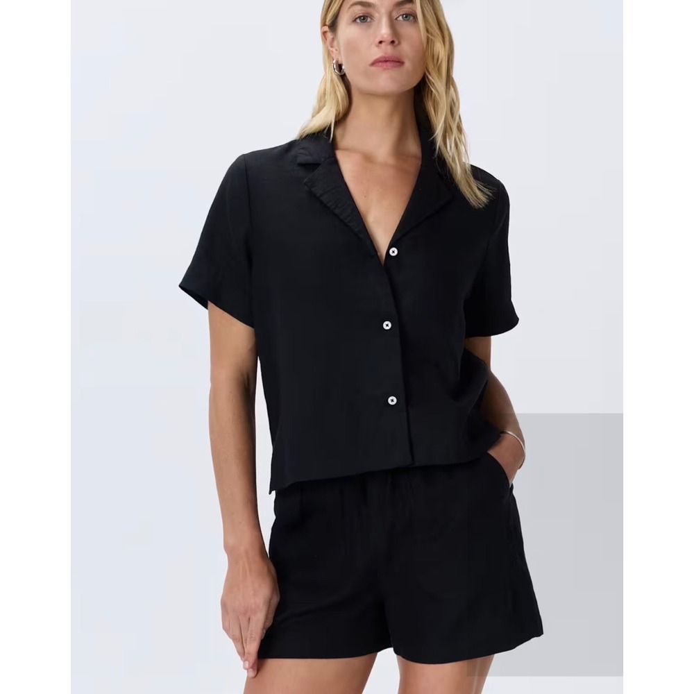 Quince Women Size XS Black European 100% Linen Button Front Short Sleeve Shirt